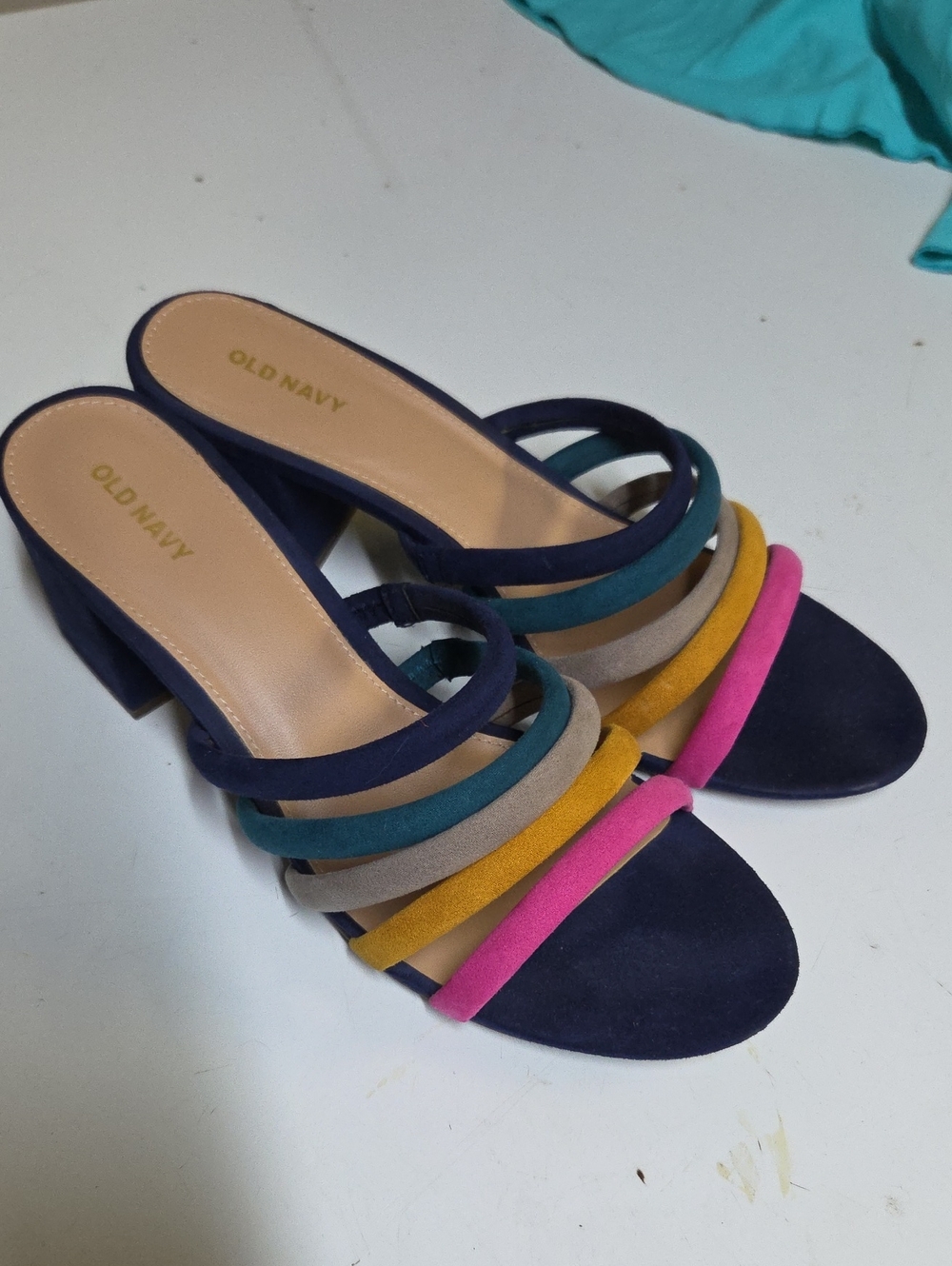 Sz 9 Old Navy Multicolor Strappy Block Heel Sandals - Navy,Pink, Mustard, Teal